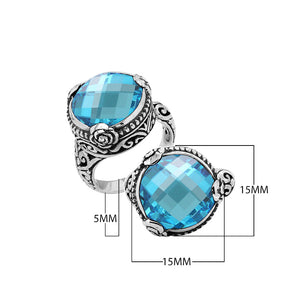Sterling Silver Floral Balinese Round Shape Statement Ring With Blue Topaz Quartz