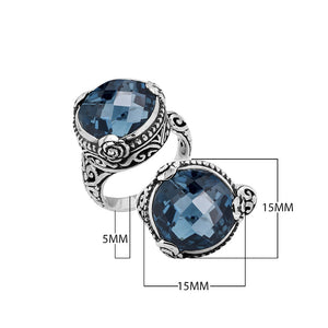 Sterling Silver Floral Balinese Round Shape Statement Ring With London Blue Topaz Quartz