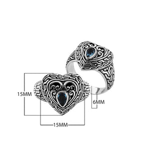 Sterling Silver Heart Shape Balinese Vintage Statement Ring With Blue Topaz Quartz