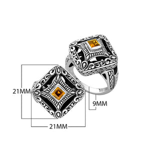 Sterling silver ornate square face ring with Citrine Quartz in Balinese design