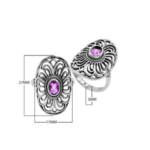 Sterling Silver Oval Shape Ring With Amethyst Quartz In Balinese Designer Style