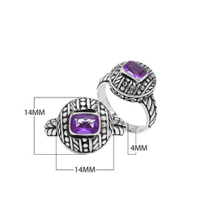 Sterling Silver Round Designer Ring With Amethyst Quartz In Balinese Beaded Pattern