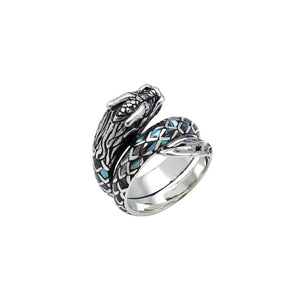 Sterling Silver Dragon Wrap Ring With Abalone Shell Inlay And Oxidized Finish