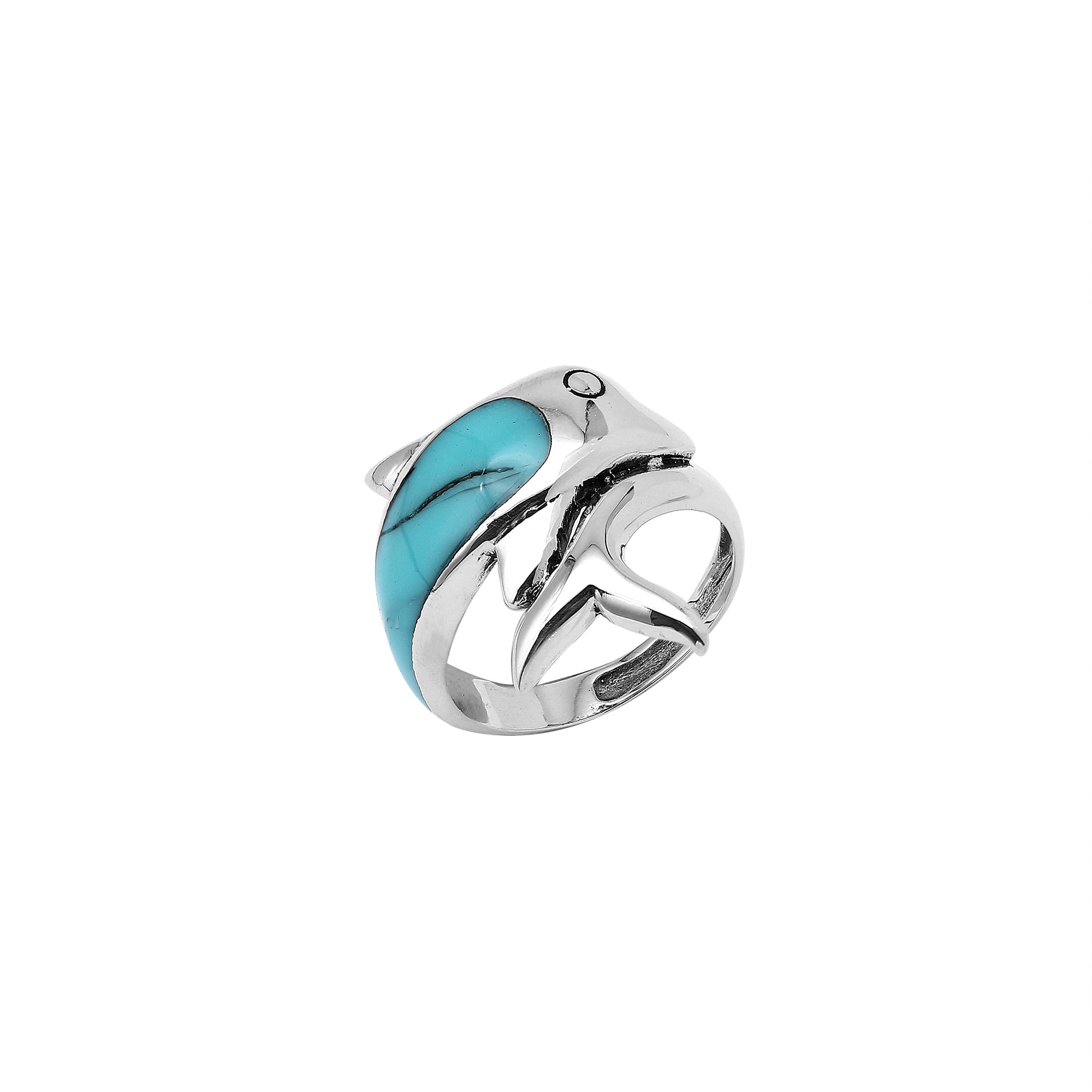 Sterling Silver Dolphin Ring With Turquoise Shell Inlay