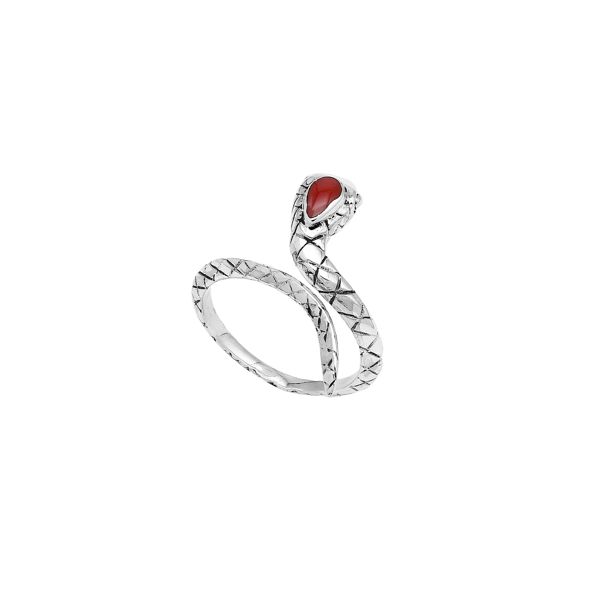 Sterling Silver Snake Wrap Ring With Red Coral And Polished Finish