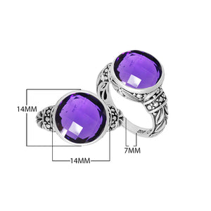 Sterling Silver Round Amethyst Quartz Ring With Filigree Detailing And Polished Finish