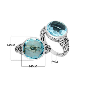 Sterling Silver Round Blue Topaz Quartz Ring With Filigree Detailing And Polished Finish