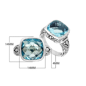 Sterling Silver Balinese Square-Cut Blue Topaz Quartz Ring With Engraved Band