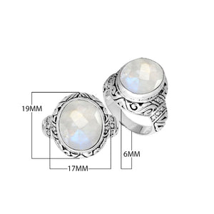 Sterling Silver Rainbow Moonstone Ring With Balinese Engraved Band
