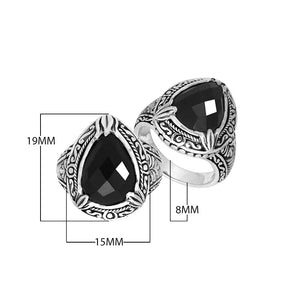 Sterling Silver Black Onyx Quartz Ring With Balinese Engraved Band