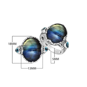 Sterling Silver Labradorite Oval Shape Ring With Balinese Engraved Band