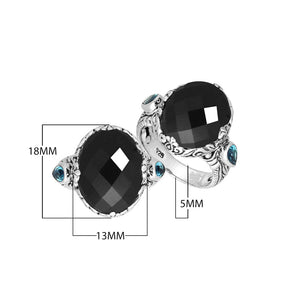 Sterling Silver Black Onyx Quartz Oval Shape Ring With Balinese Engraved Band