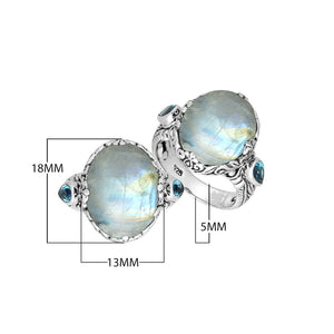 Sterling Silver Rainbow Moonstone Oval Shape Ring With Balinese Engraved Band