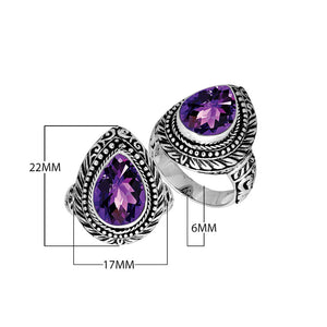 Sterling Silver Amethyst Quartz Pear Shape Ring With Balinese Engraved Band