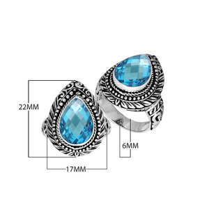 Sterling Silver Blue Topaz Quartz Pear Shape Ring With Balinese Engraved Band