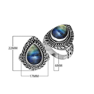 Sterling Silver Labradorite Pear Shape Ring With Balinese Engraved Band