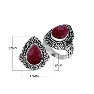 Sterling Silver Pear Shape Ruby Quartz Ring With Traditional Balinese Carving