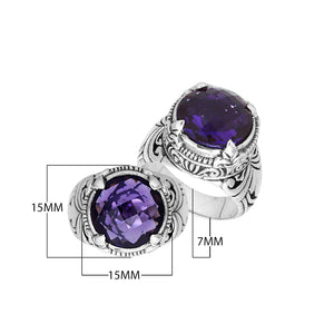 Sterling Silver Round Shape Amethyst Quartz Ring With Detailed Balinese Carving
