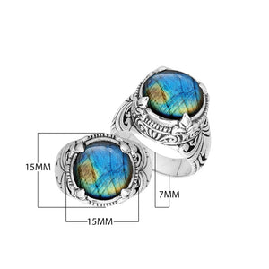 Sterling Silver Round Shape Labradorite Ring With Detailed Balinese Carving