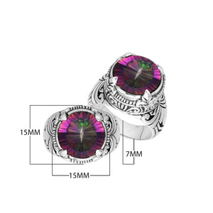 Sterling Silver Round Shape Mystic Quartz Ring With Detailed Balinese Carving