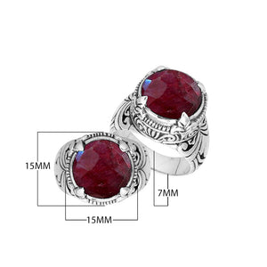 Sterling Silver Round Shape Ruby Quartz Ring With Detailed Balinese Carving