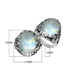 Sterling Silver Oval Shape Rainbow Moonstone Ring With Leaf Pattern Detailing