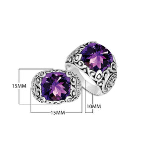 Sterling Silver Round Shape Amethyst Quartz Ring With Leaf Pattern Detailing
