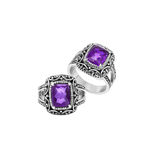 Sterling Silver Amethyst Quartz Cushion Balinese Ring Handcrafted In Indonesia