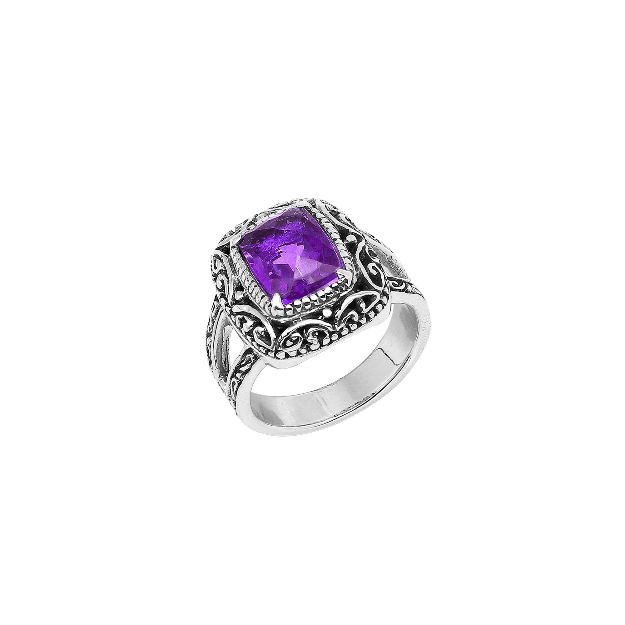 Sterling Silver Amethyst Quartz Cushion Balinese Ring Handcrafted In Indonesia