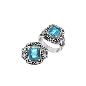 Sterling Silver Blue Topaz Quartz Cushion Balinese Ring Handcrafted In Indonesia
