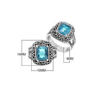 Sterling Silver Blue Topaz Quartz Cushion Balinese Ring Handcrafted In Indonesia