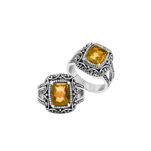 Handmade Sterling Silver Citrine Quartz Ring With Ornate Balinese Carvings