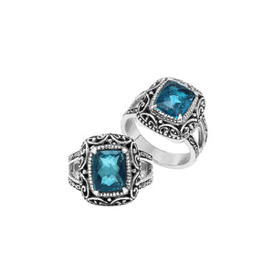 Sterling Silver Cushion London Blue Topaz Quartz Ring With Balinese Filigree Design