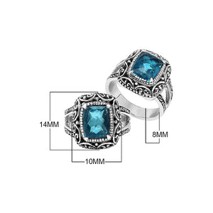 Sterling Silver Cushion London Blue Topaz Quartz Ring With Balinese Filigree Design