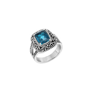 Sterling Silver Cushion London Blue Topaz Quartz Ring With Balinese Filigree Design