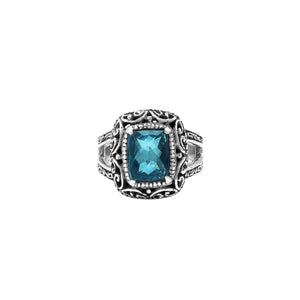 Sterling Silver Cushion London Blue Topaz Quartz Ring With Balinese Filigree Design