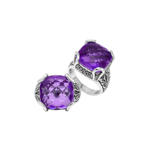 Sterling Silver Cushion Amethyst Quartz Ring With Engraved Balinese Floral Design