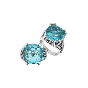 Sterling Silver Cushion Blue Topaz Quartz Ring With Balinese Scroll Detailing