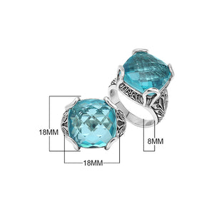 Sterling Silver Cushion Blue Topaz Quartz Ring With Balinese Scroll Detailing