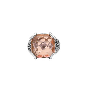 Sterling Silver Cushion Morganite Quartz Ring With Balinese Scroll Engraving