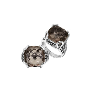 Sterling Silver Cushion Smoky Quartz Ring With Balinese Scroll Engraving