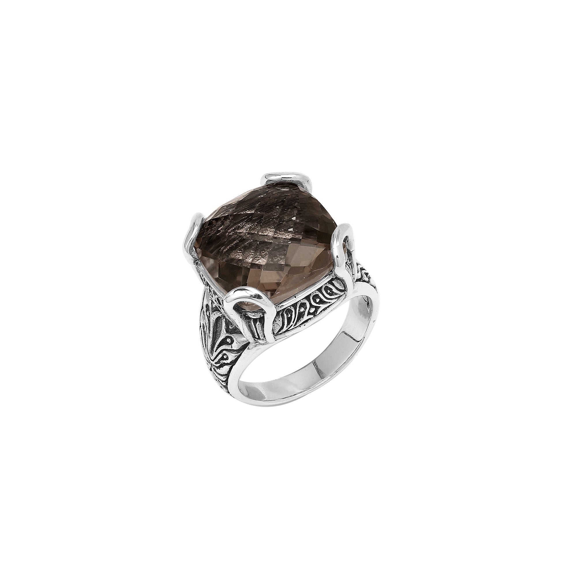 Sterling Silver Cushion Smoky Quartz Ring With Balinese Scroll Engraving