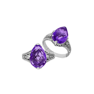 Sterling Silver Amethyst Quartz Teardrop Royal Heritage Ring With Balinese Engraving.