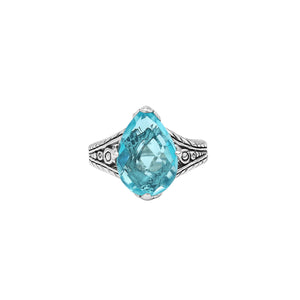 Sterling Silver Blue Topaz Quartz Teardrop Royal Heritage Ring With Balinese Engraving.