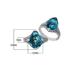 Sterling Silver London Blue Topaz Quartz Teardrop Royal Heritage Ring With Balinese Engraving.