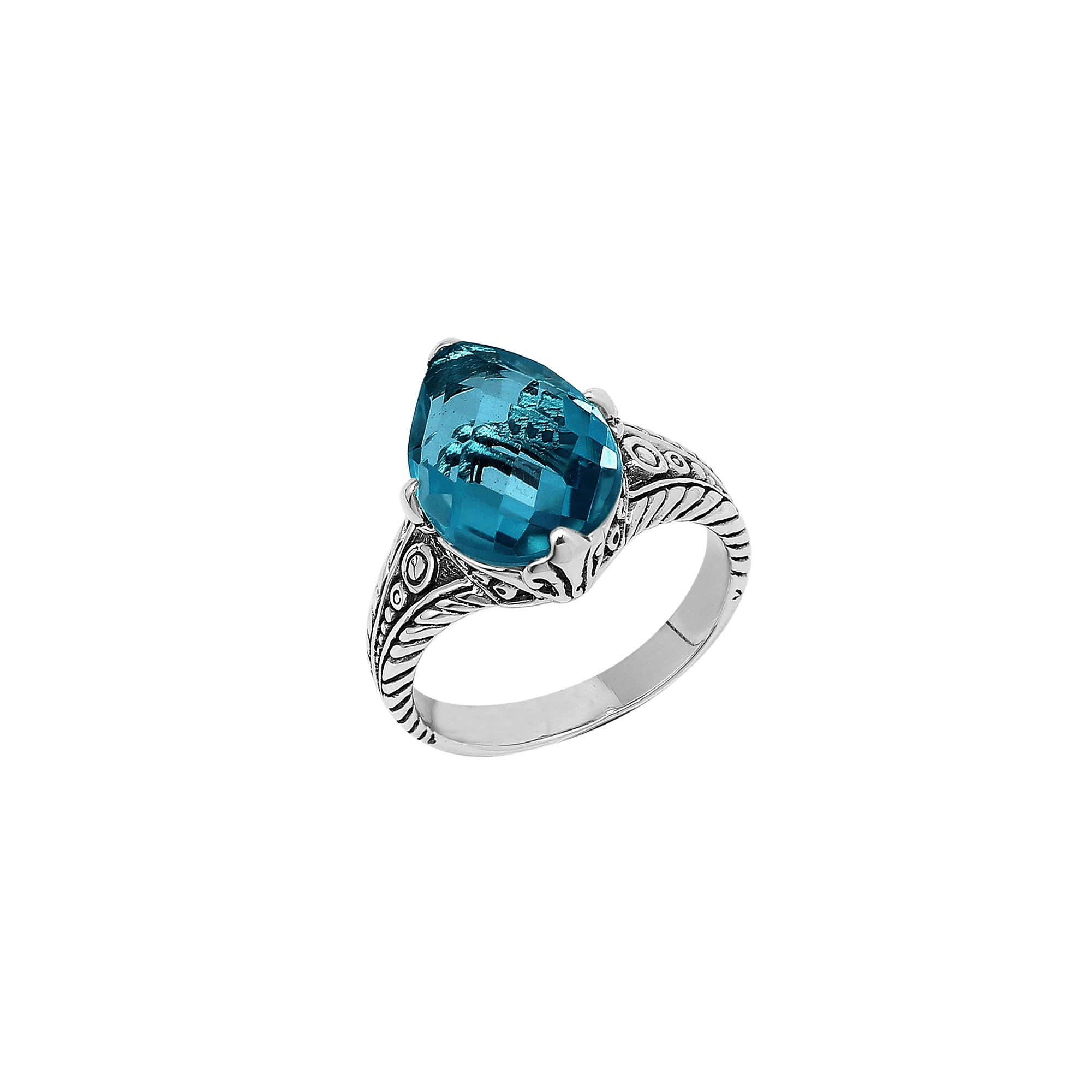 Sterling Silver London Blue Topaz Quartz Teardrop Royal Heritage Ring With Balinese Engraving.