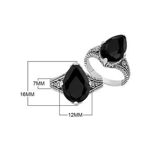 Sterling silver Black Onyx pear shape statement ring with handcrafted Balinese detailing