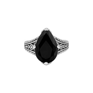 Sterling silver Black Onyx pear shape statement ring with handcrafted Balinese detailing
