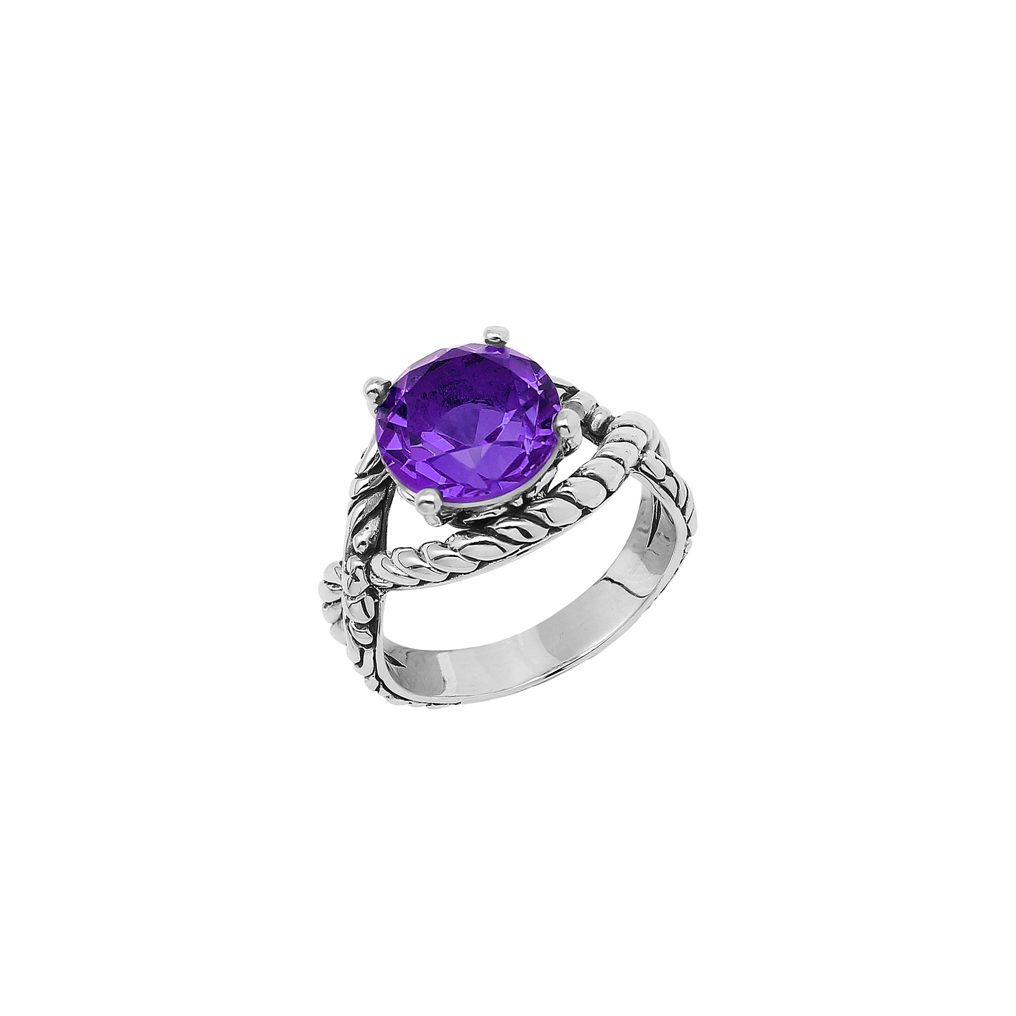 Sterling Silver Amethyst Quartz Rope Design Heritage Ring With Balinese Craft Detailing.