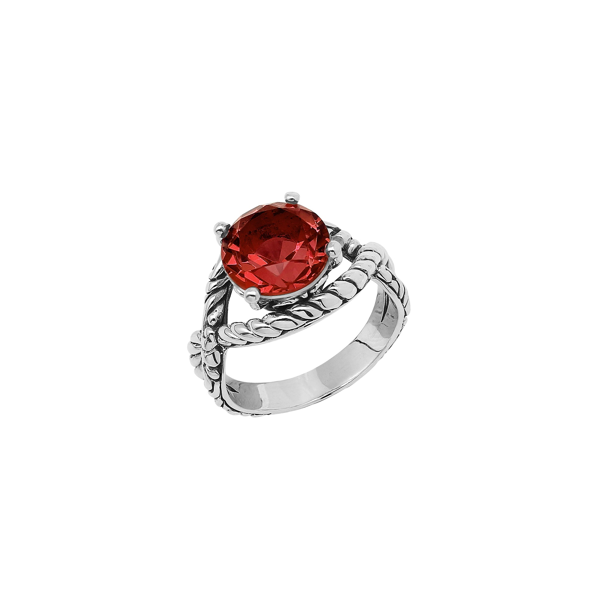 Sterling Silver Garnet Quartz Rope Design Heritage Ring With Balinese Craft Detailing.